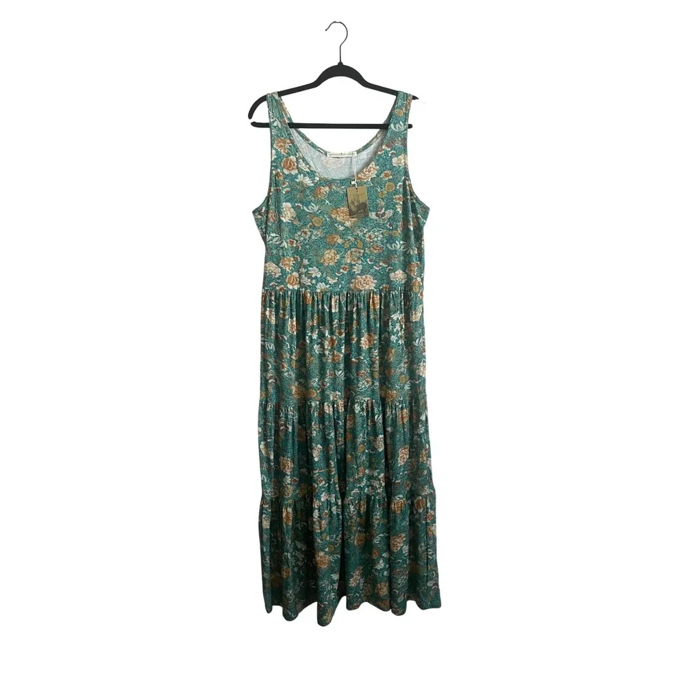 NWT Peruvian Connection Jade Garden Dress XL Pima Cotton Floral Maxi Green Boho - Picture 2 of 7